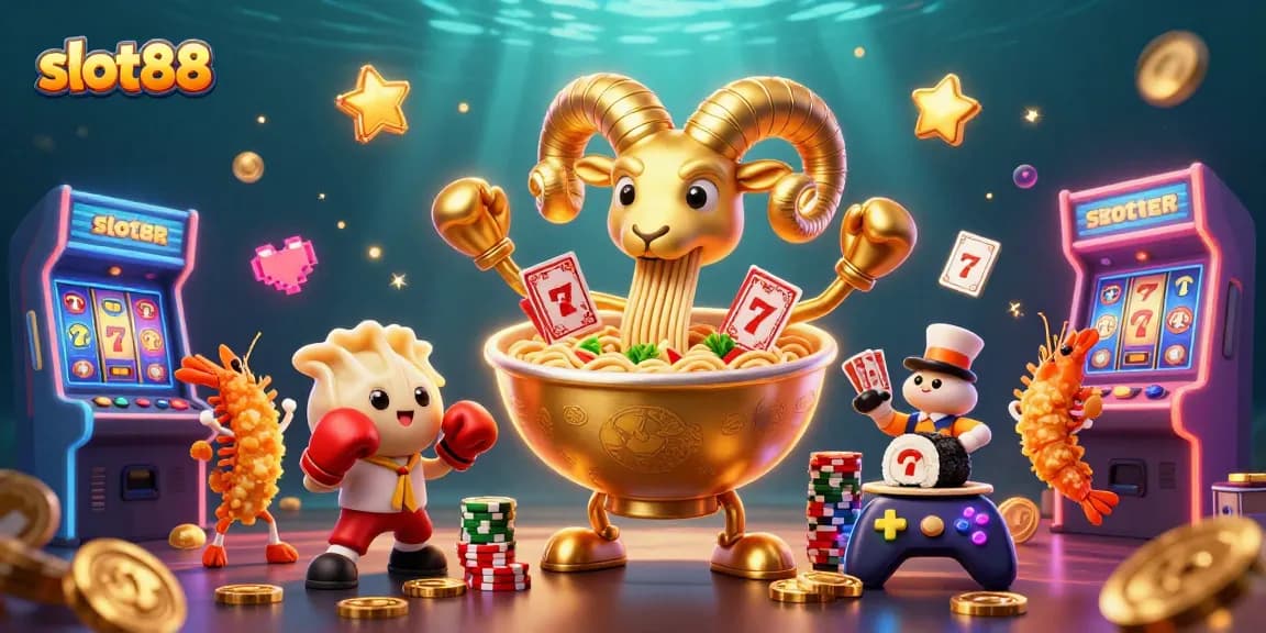 Witness slot88's giant ramen bowl dealer and gyoza at a vibrant casino scene busting with arcade action.