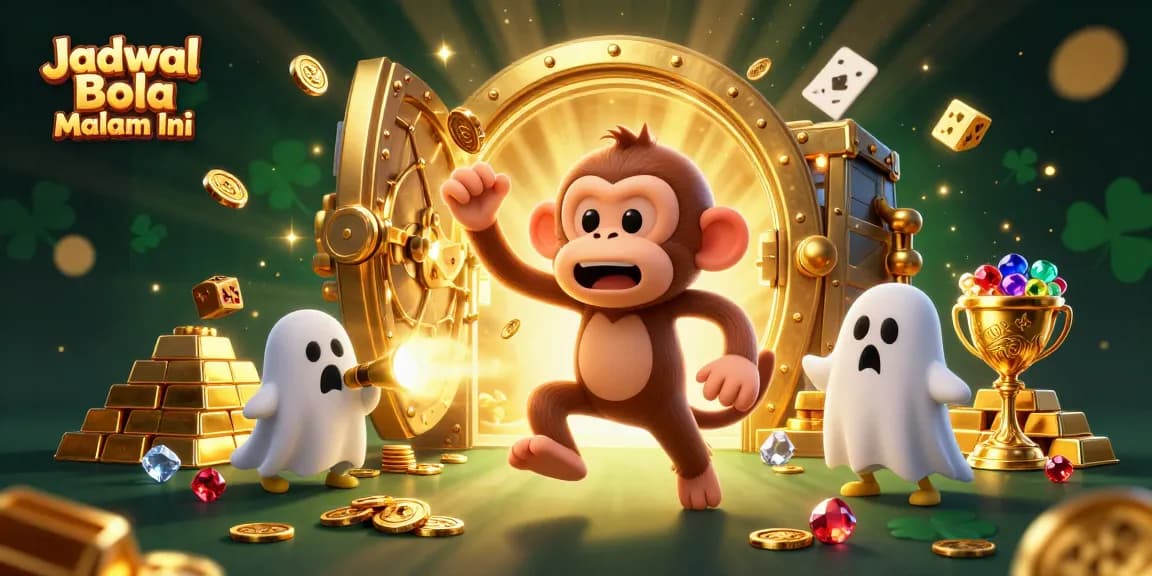 Engage in the thrill of Jadwal Bola Malam Ini with a playful poltergeist monkey juggling golden casino treasures.