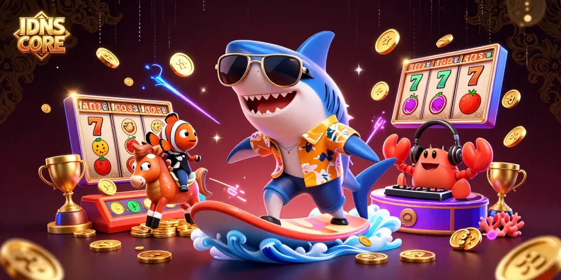 Spin and win at IDNSCORE with a lively casino-themed digital illustration showcasing engaging slot game elements.