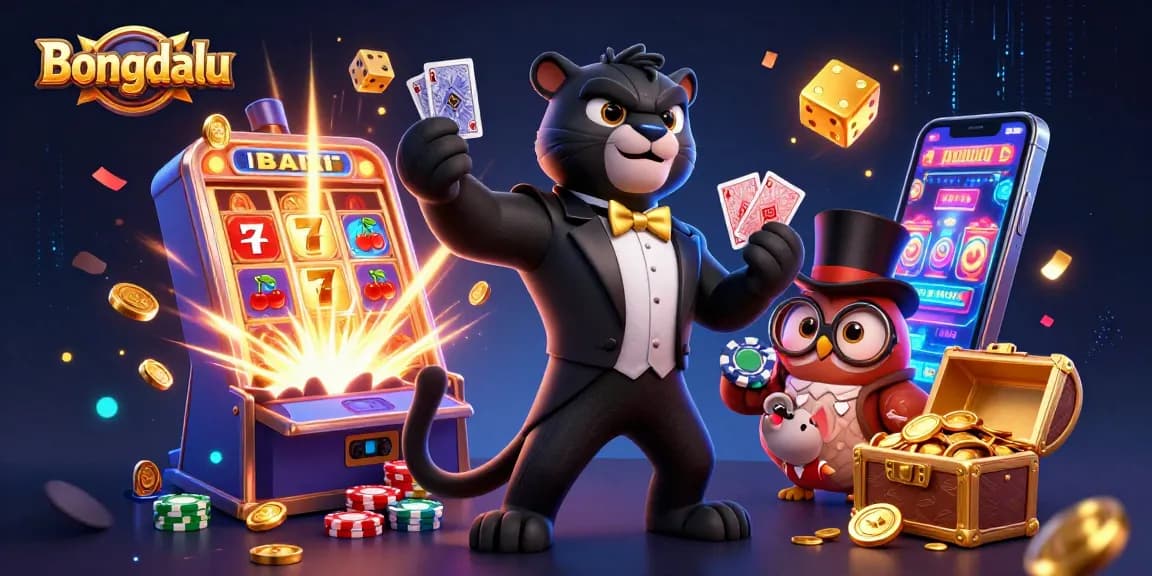 Bongdalu showcases a vibrant 3D scene with a stylish black panther dealer, an owl entertainer, and a lucky mouse amid casino magic.