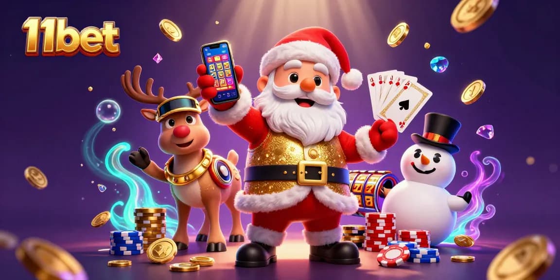 Experience vibrant casino excitement with 11bet's Santa and friends amidst jackpot slots.