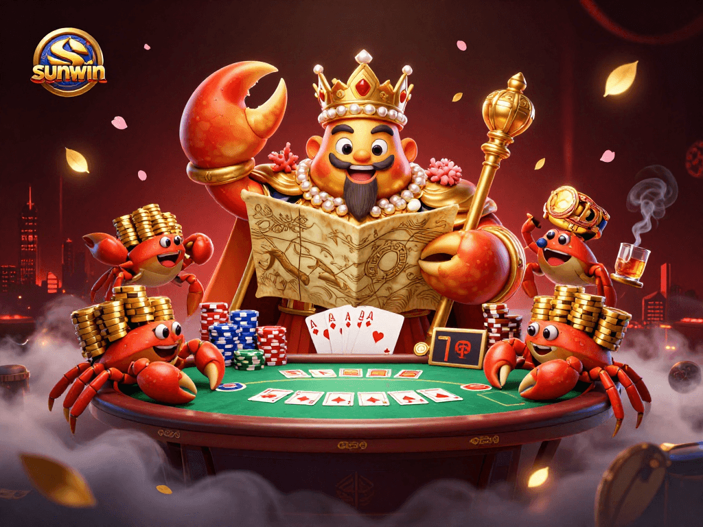 Experience sunwin's exciting visual scene of a golden crab emperor amidst poker action and treasures.