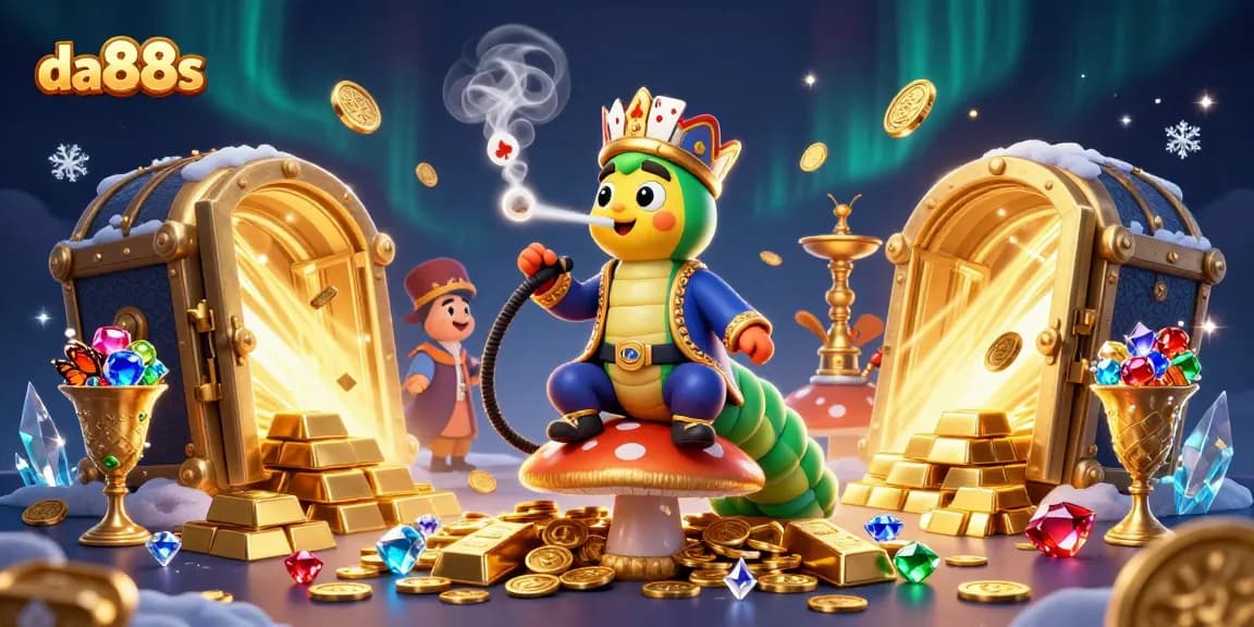 da88s online gambling scene with a caterpillar hookah-master and treasures.