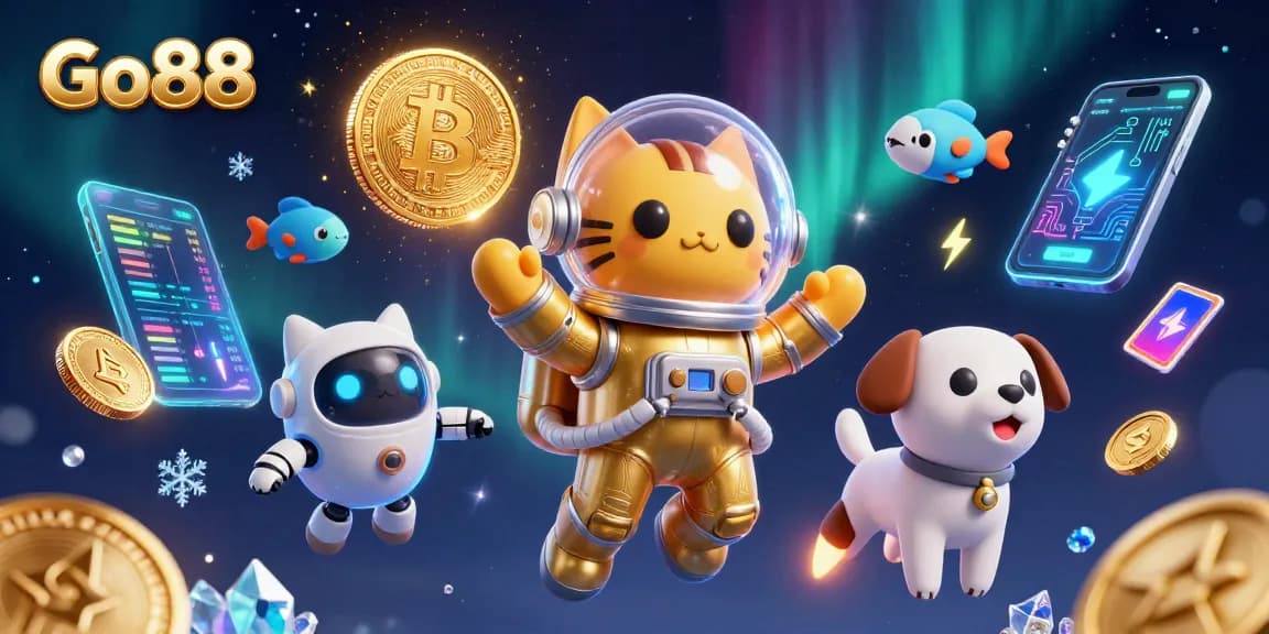 Win big at Go88 while enjoying a vibrant, action-packed casino-themed 3D illustration featuring playful characters and crypto elements.