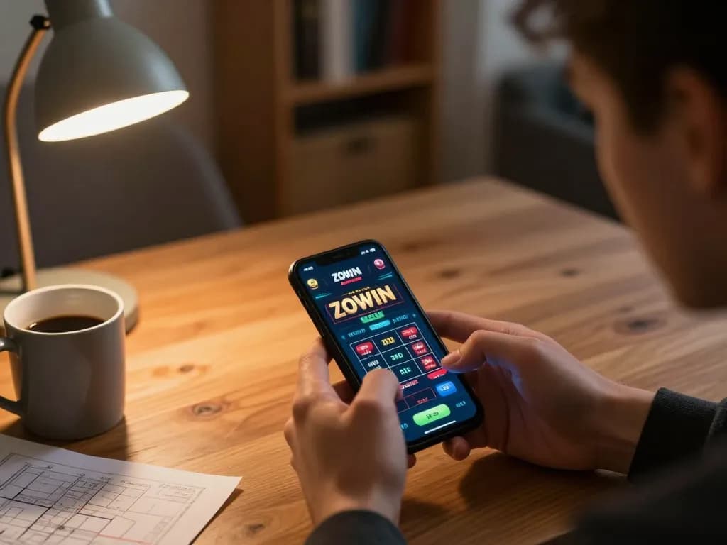 ZOWIN app user playing online casino game on smartphone in a cozy home environment.