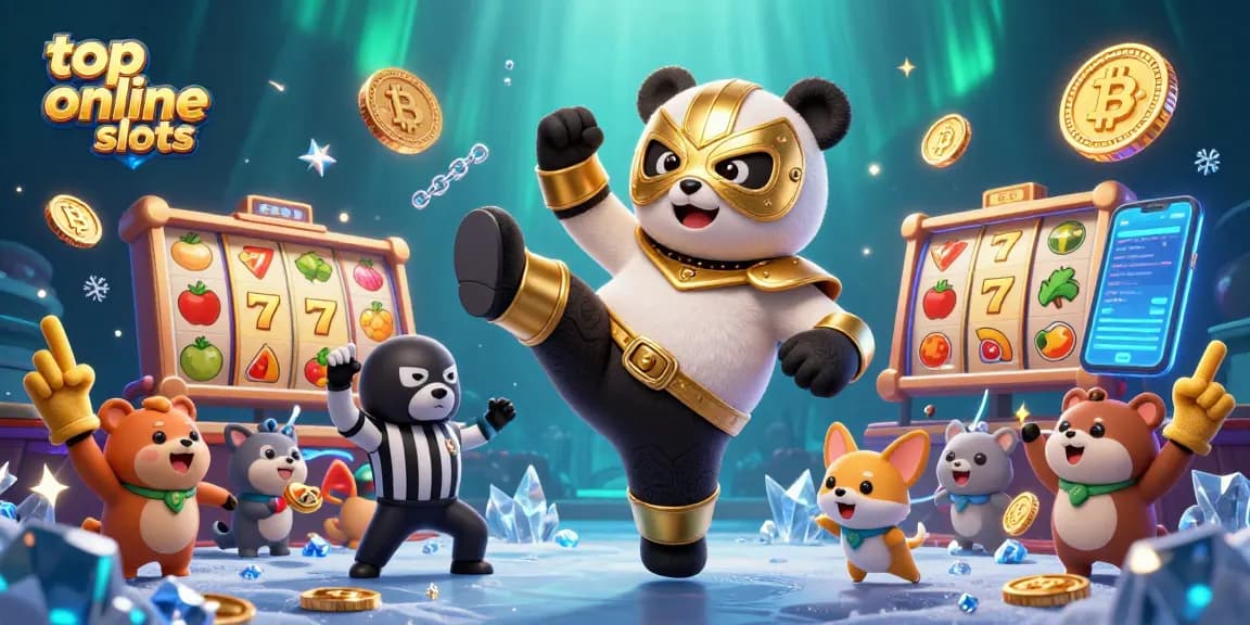 Engage with top online slots featuring a vibrant 3D scene of a panda wrestler in action amidst slot reels and neon crypto.