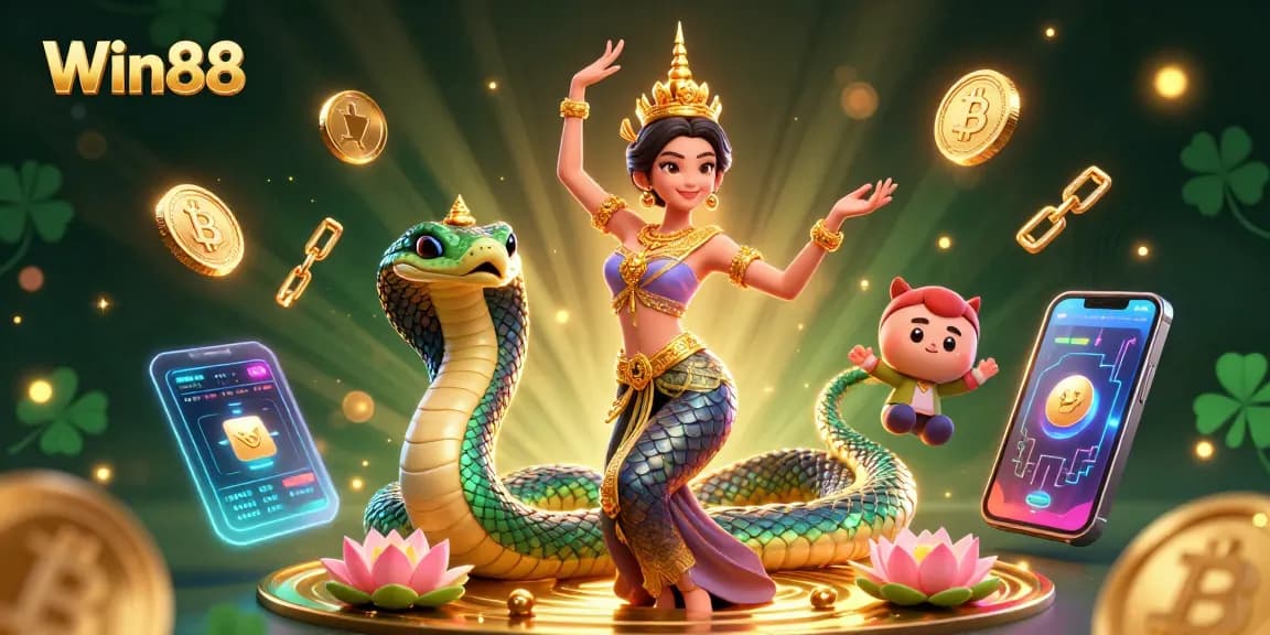 Experience the thrilling atmosphere of Win88 with a vibrant Thai casino illustration featuring animated characters and crypto elements.