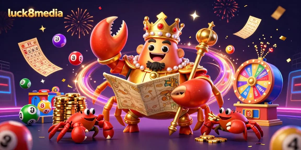 A vibrant casino illustration showcasing the luck8media brand, featuring a golden crab emperor amidst lottery balls and dynamic elements.