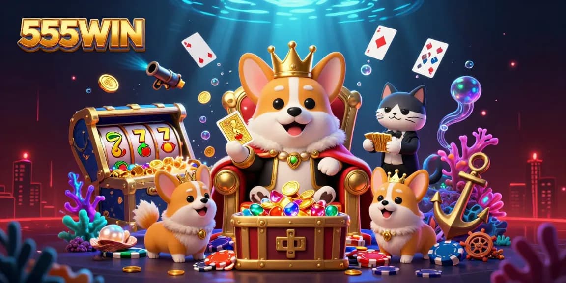 Engage with 555WIN to win big with cartoon characters amidst casino-themed riches and underwater treasures.