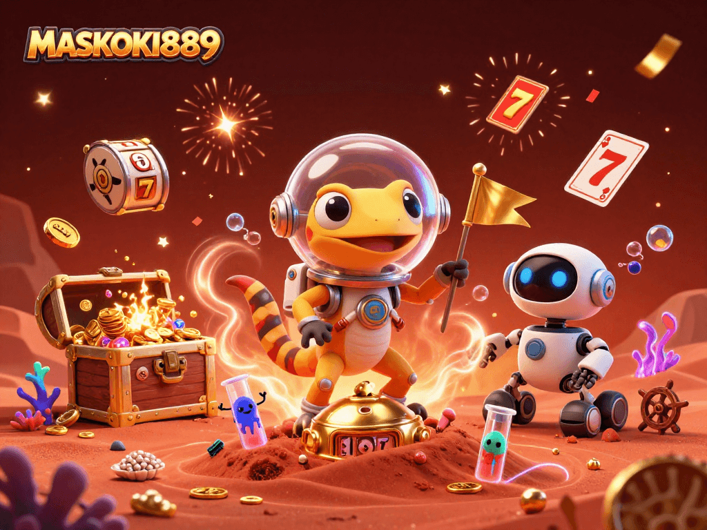Engage with MASKOKI889 in a vibrant 3D casino adventure, featuring dynamic Martian characters and exciting game elements.