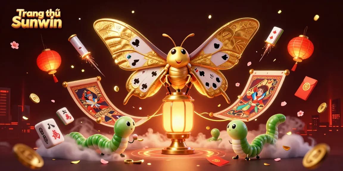 Experience thrilling gameplay at Trang chủ Sunwin with vibrant casino-themed 3D illustration featuring golden moths.