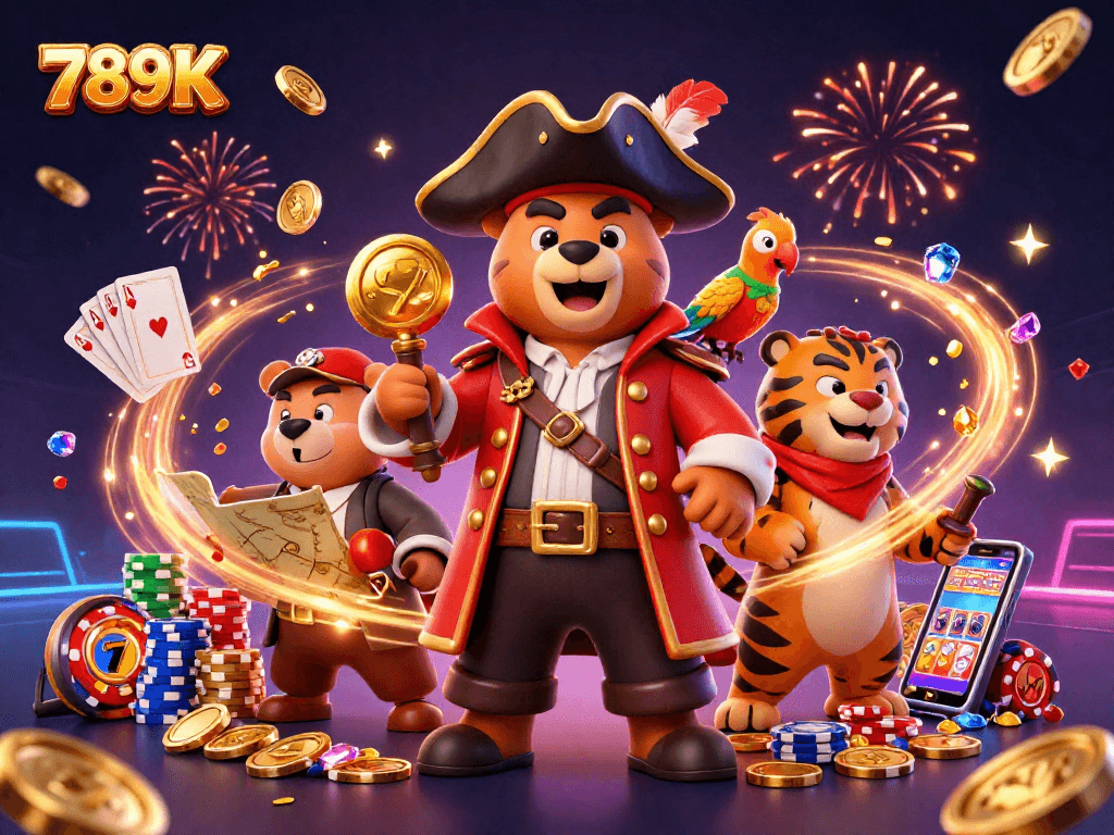 Experience thrilling wins at 789K with vibrant slot machines and golden coins cascading around a pirate bear.