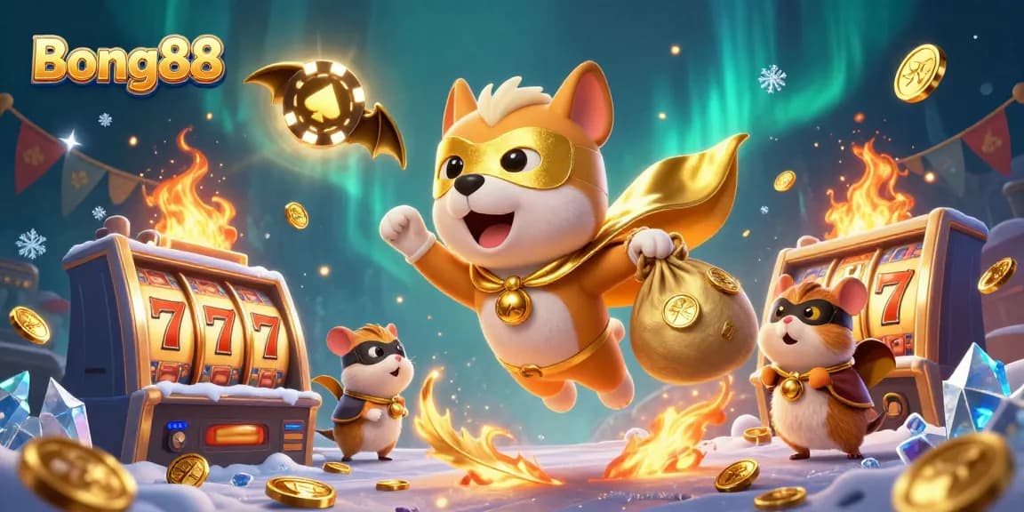 Bong88 showcases a superhero dog and his sidekick winning big with coins and slot machines.