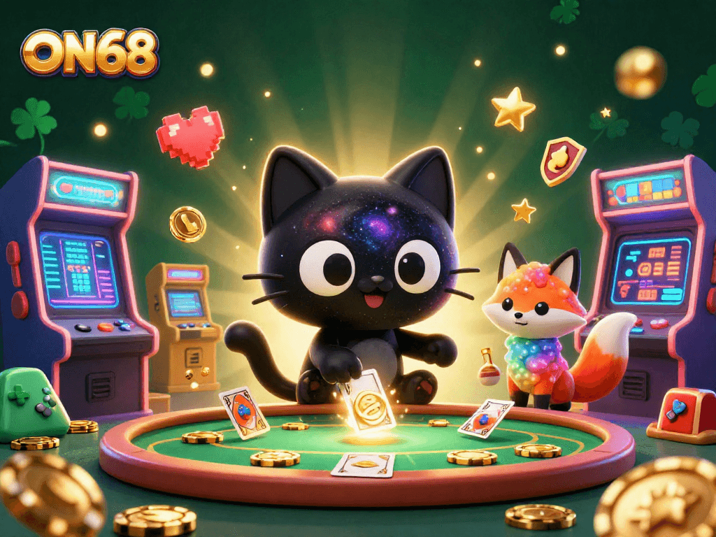 Engage with ON68's cosmic casino where a black hole cat and nebula fox create winning vibes.