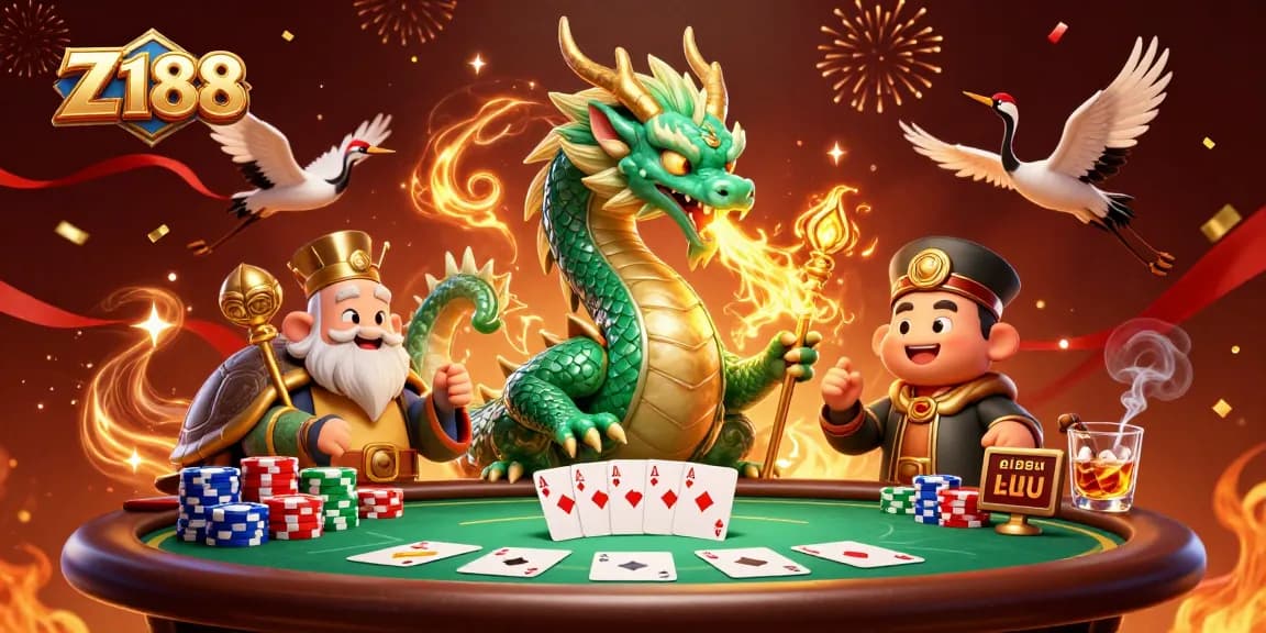 Win at Z188 with a dragon, turtle sage, and cranes amid poker action and celebration.