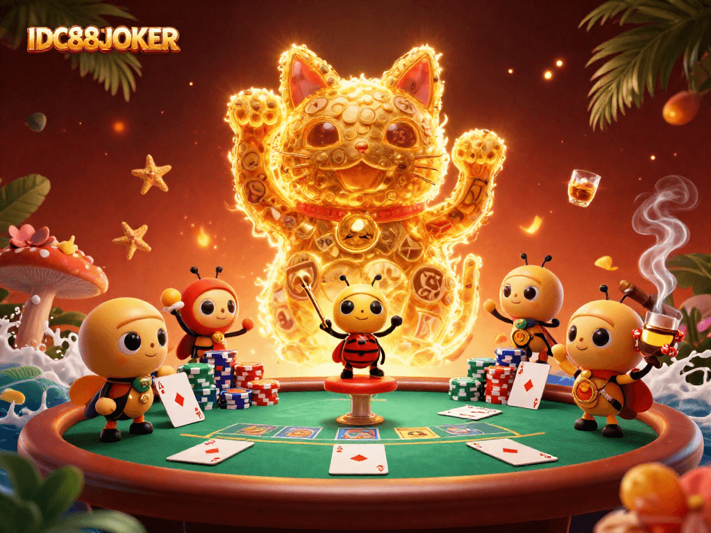 Experience winning excitement at IDC88JOKER with a vibrant casino illustration filled with symbols and energy.