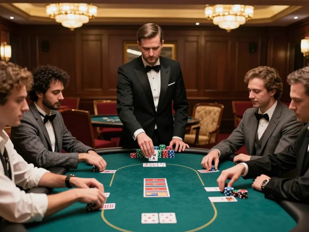 8kbet players strategizing in a high-stakes poker game, engaging atmosphere and elegant casino setting