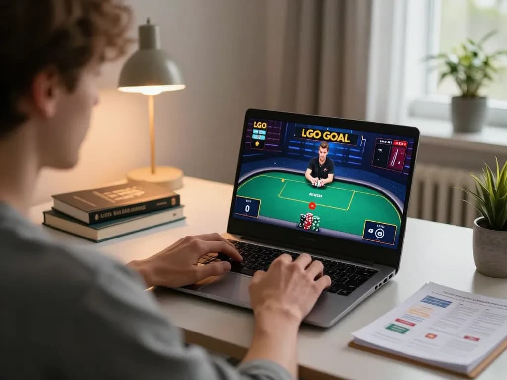 LGO GOAL gameplay on laptop with betting notes in cozy home office setting