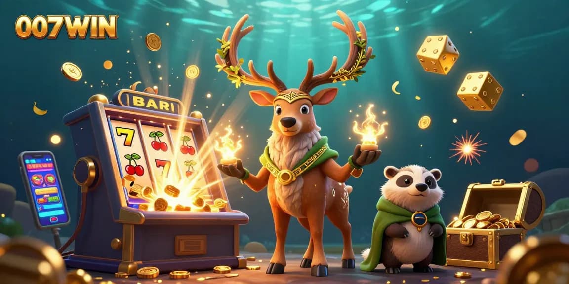 Celebrate wins at 007WIN with a vibrant 3D casino scene featuring characters and jackpot elements.