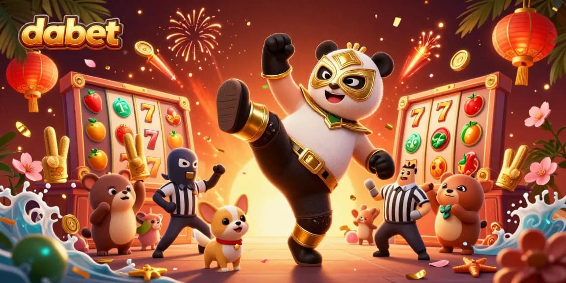dabet's lively casino scene featuring a wrestling panda amid spinning slot reels and animal fans.