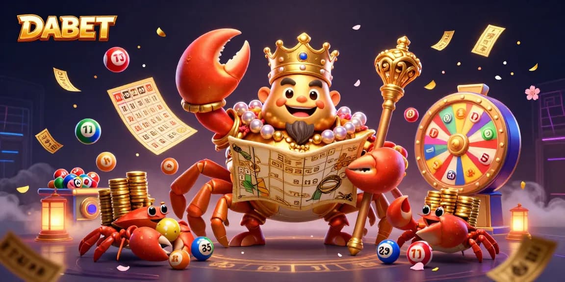 DABET offers exciting lottery games with vibrant balls and energetic characters promoting thrilling gambling experience.