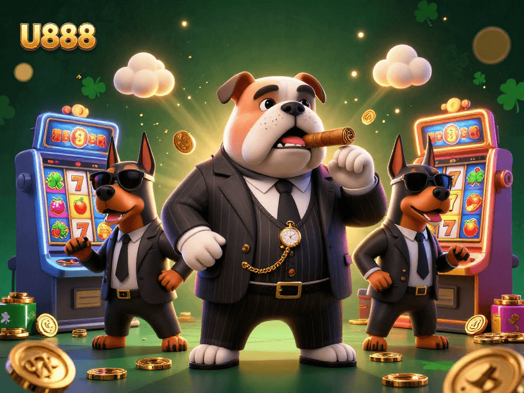 U888 slot machines surround a mafia bulldog in a stylish scene combining classic and modern casino elements.