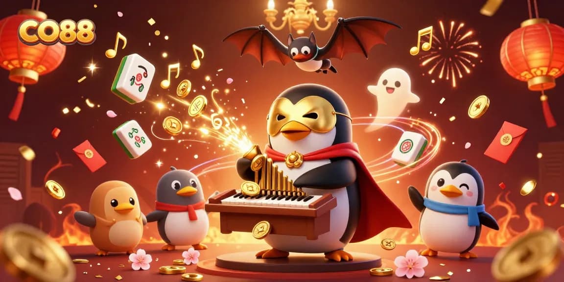 Experience thrilling entertainment with CO88 as a penguin plays a pipe organ, surrounded by festive casino elements.