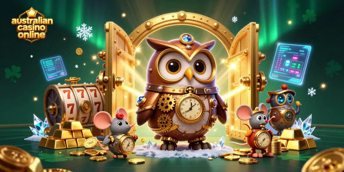 Engage with the vibrant world of australian casino online featuring an adventurous owl in a vibrant casino scene.
