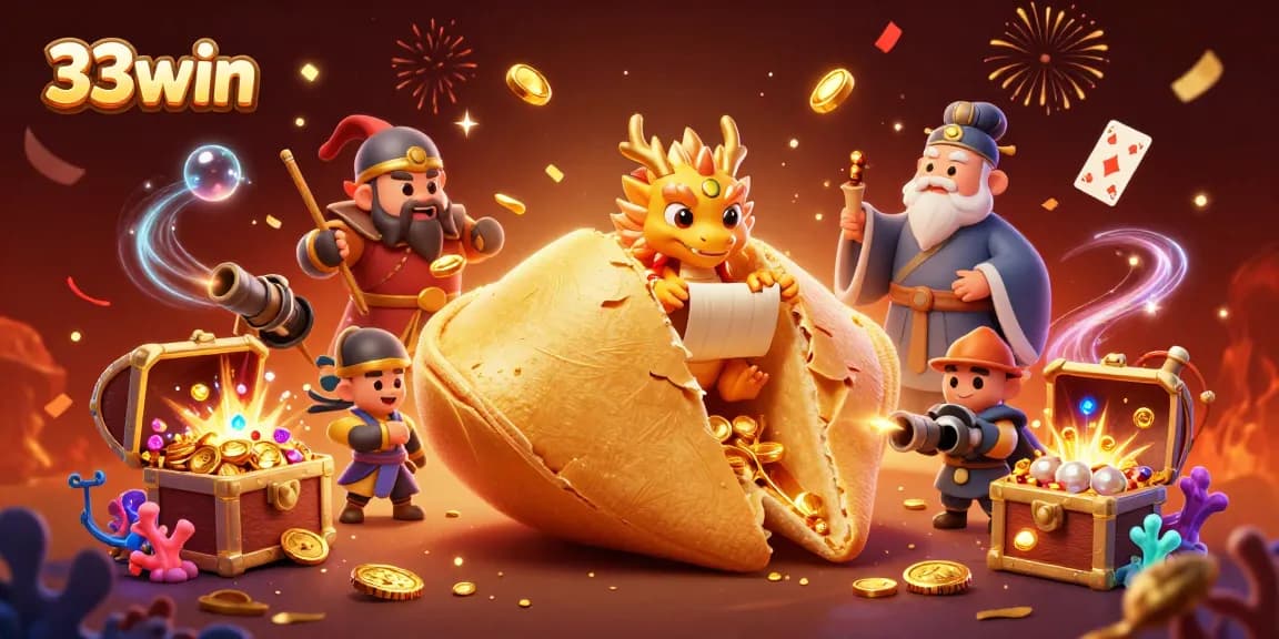 Experience the excitement at 33win with golden treasures and magical dragons amidst vibrant casino elements.