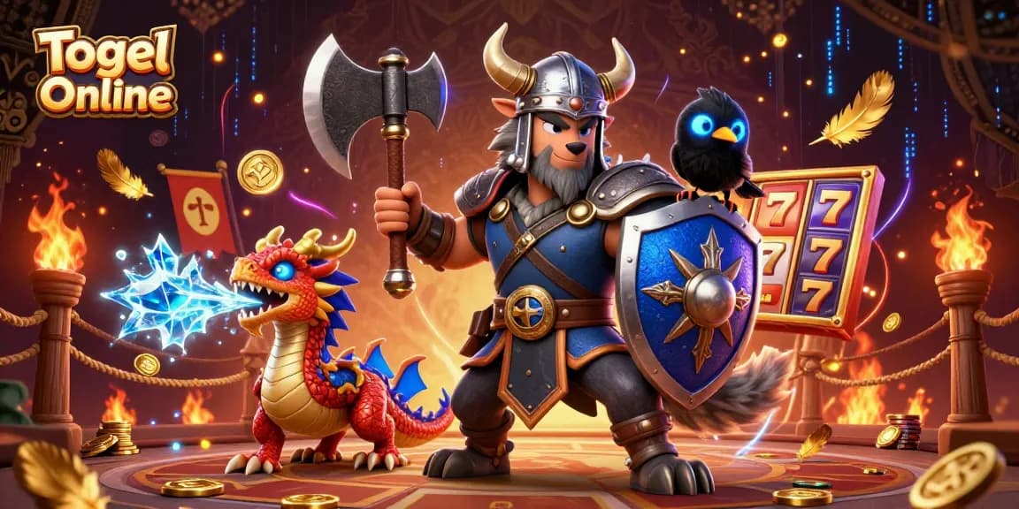 Togel Online gameplay with a heroic Viking wolf warrior, fierce dragon, and animated elements representing dynamic slot gaming.