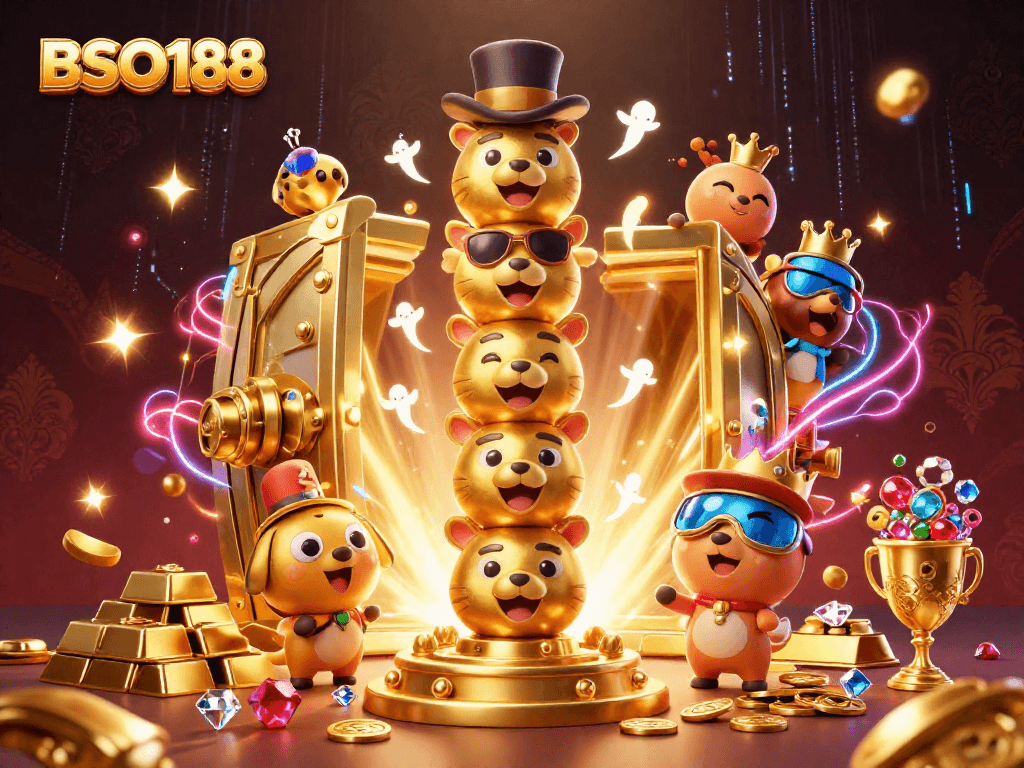 Spin and win at BSO188 with a vibrant 3D casino totem and treasure scene.