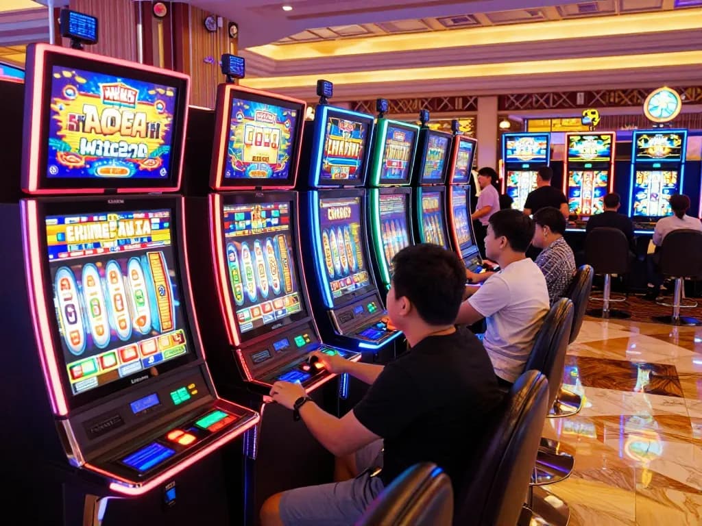 Players engaging with Pragmaticplay's colorful slot machines in a vibrant casino setting.