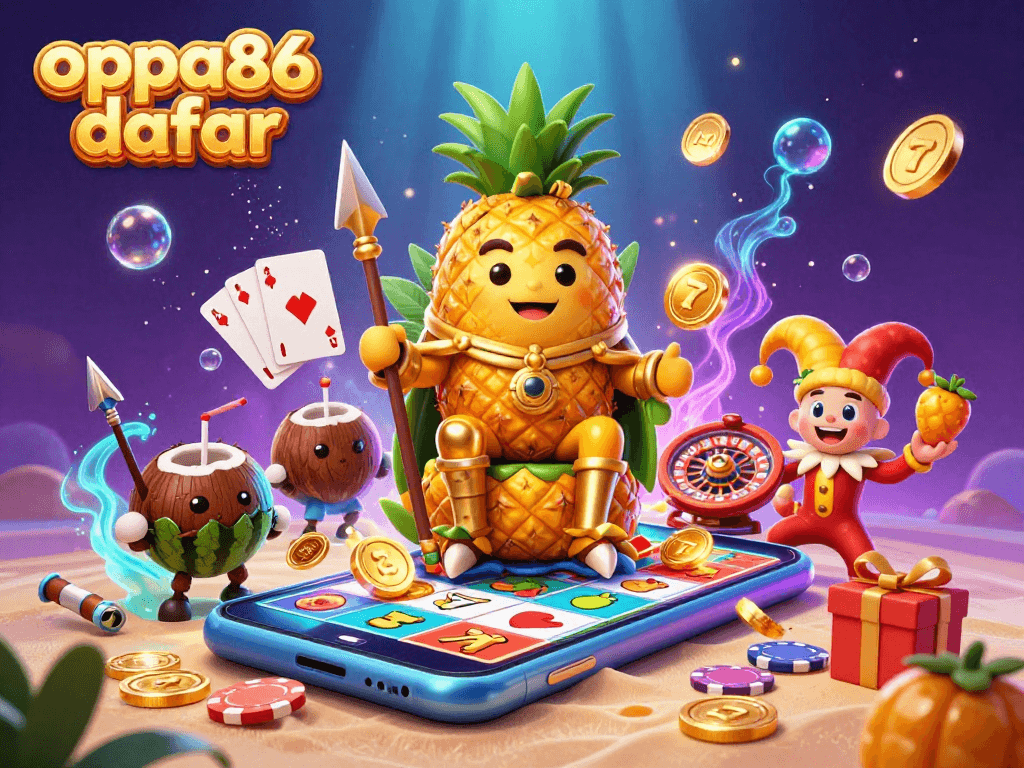 Engage with oppa86 daftar at this vibrant casino, showcasing a golden pineapple king and thrilling slot action.