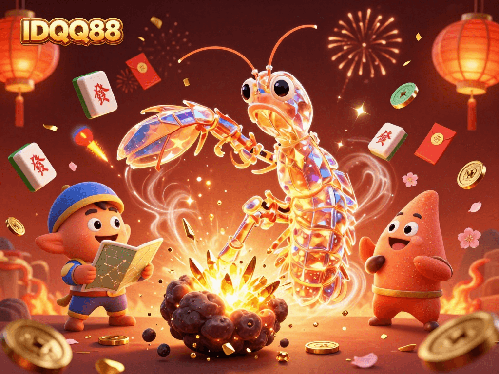 Engage with IDQQ88 in this vivid 3D scene of a mantis shrimp triumphantly breaking through an asteroid filled with gems.