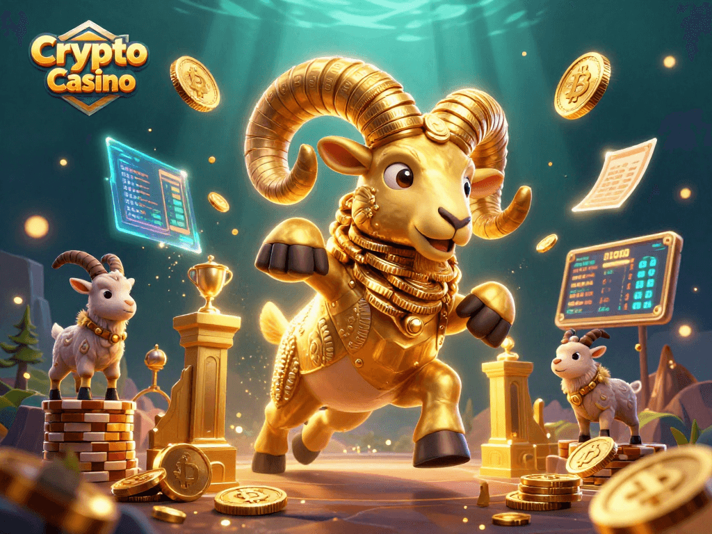 Experience the thrill of Crypto Casino with a dynamic scene featuring golden elements and blockchain graphics.