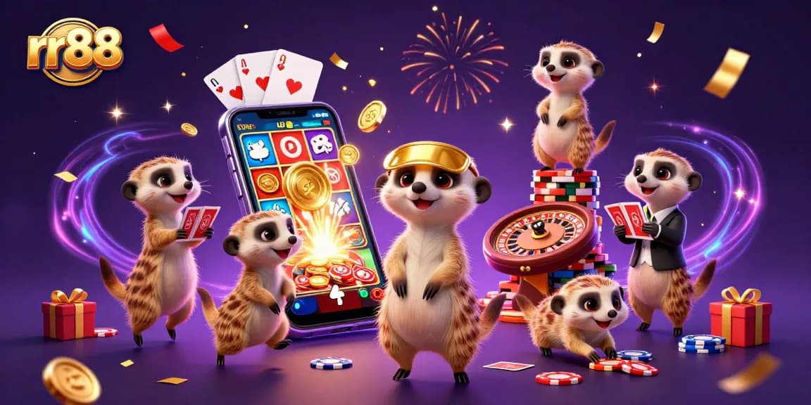 Experience the excitement of rr88 with meerkats running a vibrant casino, filled with game elements and dynamism.