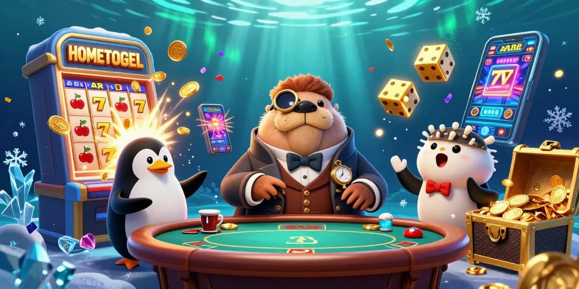 Engage with HOMETOGEL as a walrus plays poker underwater at a vibrant casino table with exhilarating game elements.