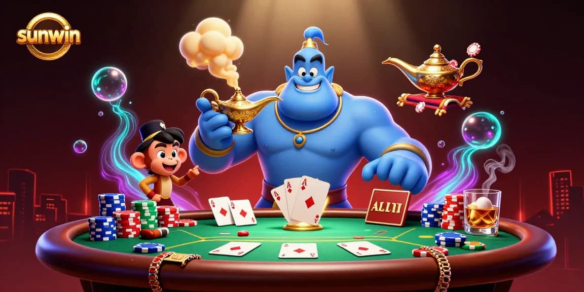 Experience thrilling gameplay at sunwin with a vibrant casino scene featuring a blue genie and poker chips.