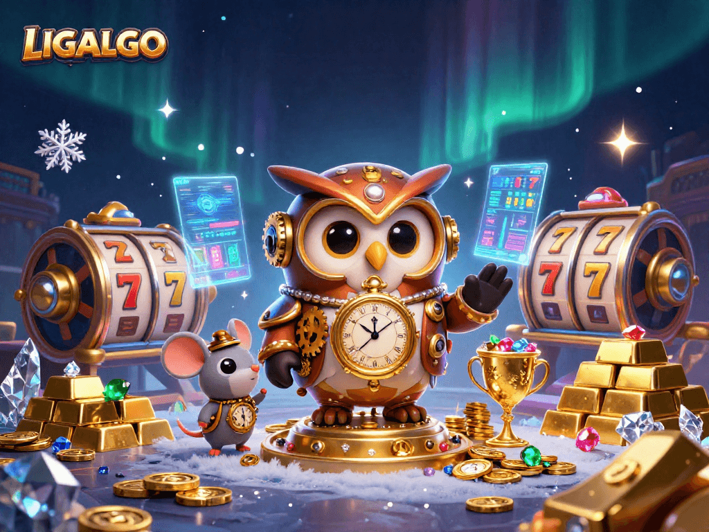 LIGALGO showcases a vibrant 3D casino scene with slot reels and sparkling gemstones attracting players' attention.