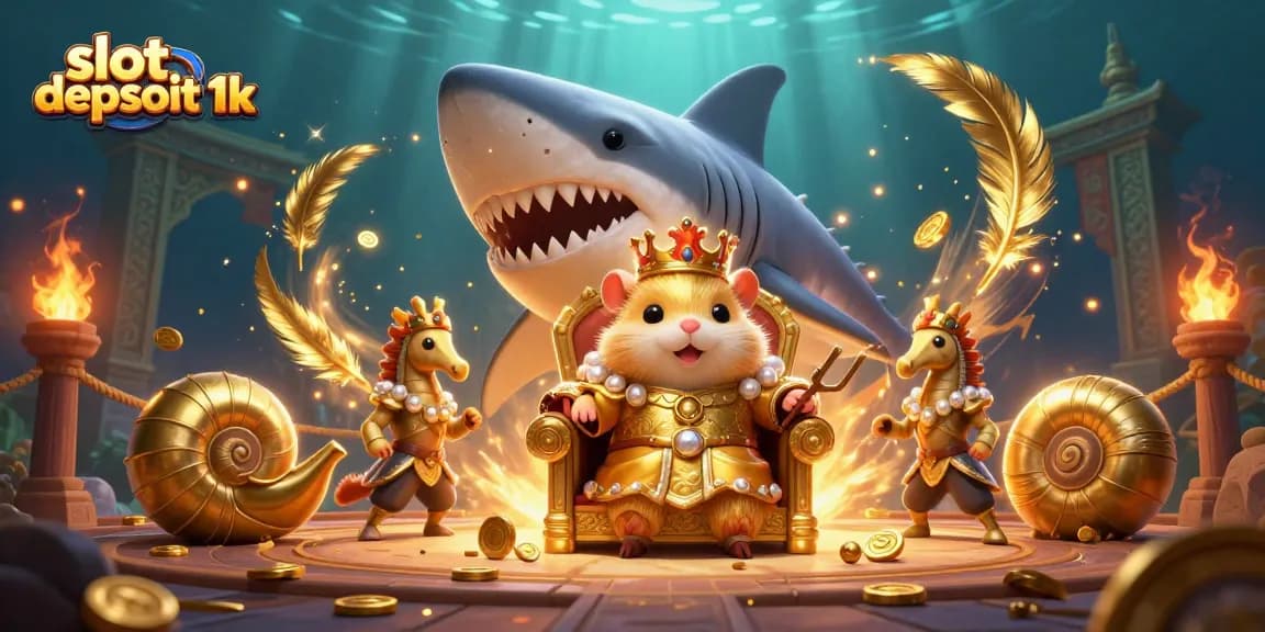Experience the thrill of slot depsoit 1k with a golden hamster king in a vibrant casino-themed 3D illustration.