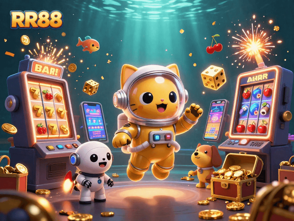 Experience thrilling moments at RR88 with vibrant 3D graphics illuminating a dynamic casino scene.