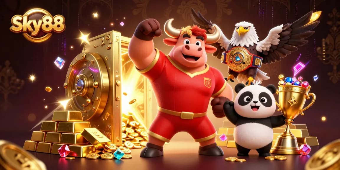 Sky88 showcases a muscular bull mascot and friends celebrating a big win with treasures, vibrant casino elements.