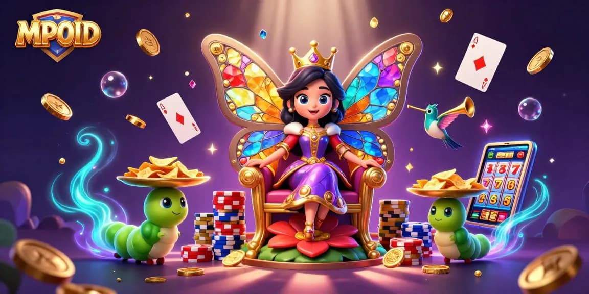 Engage with the MPOID casino experience featuring a vibrant butterfly queen and dynamic gaming elements.