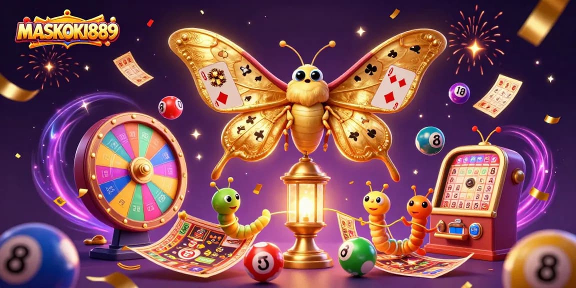 Engage in exciting gameplay at MASKOKI889 with vibrant lottery elements and a lively 3D casino scene.
