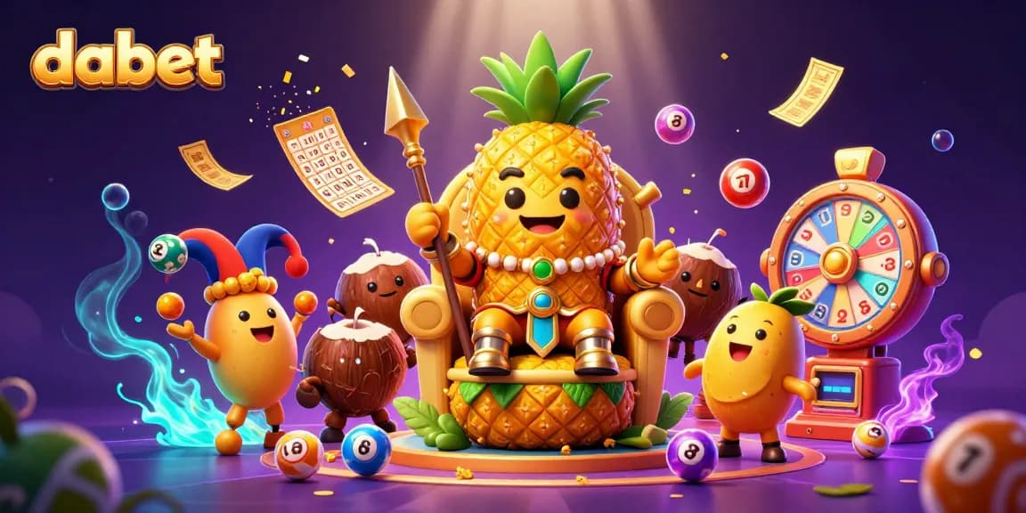 dabet's vibrant beach casino scene features a pineapple king enthroned amid lottery excitement.