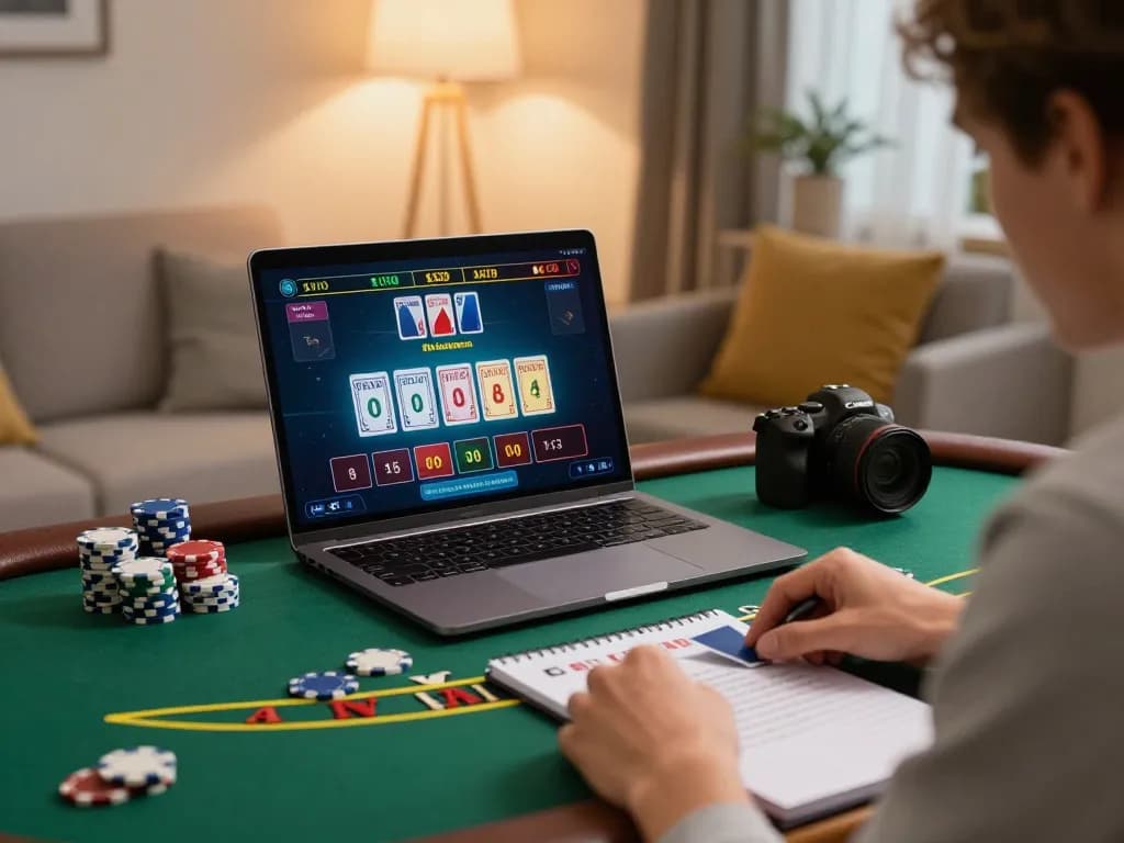 b52 club player enjoying a live dealer blackjack game on a laptop at home, highlighting strategic gameplay.