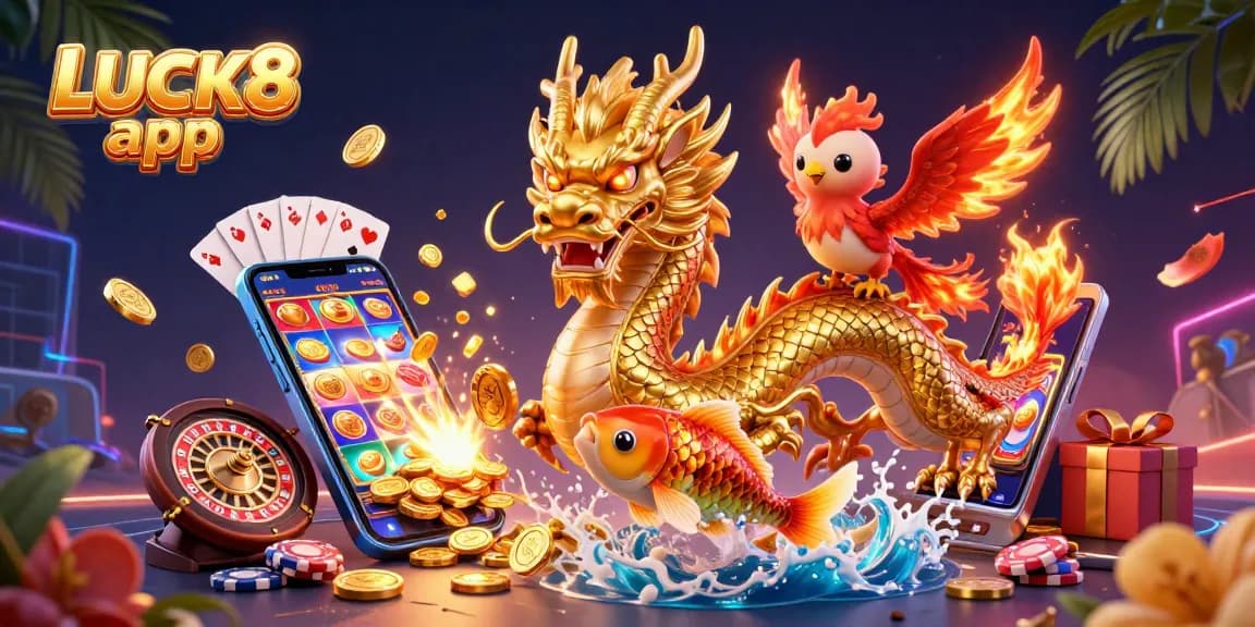Win big with the LUCK8 app featuring vibrant casino elements in an engaging 3D illustration.
