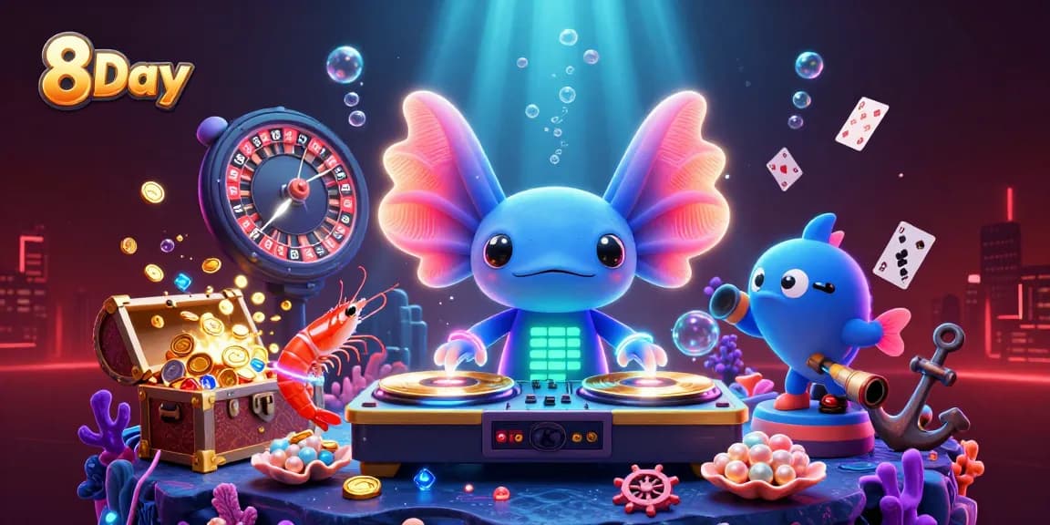 Join the 8Day casino fun with a vibrant underwater scene featuring a DJ axolotl and casino games.