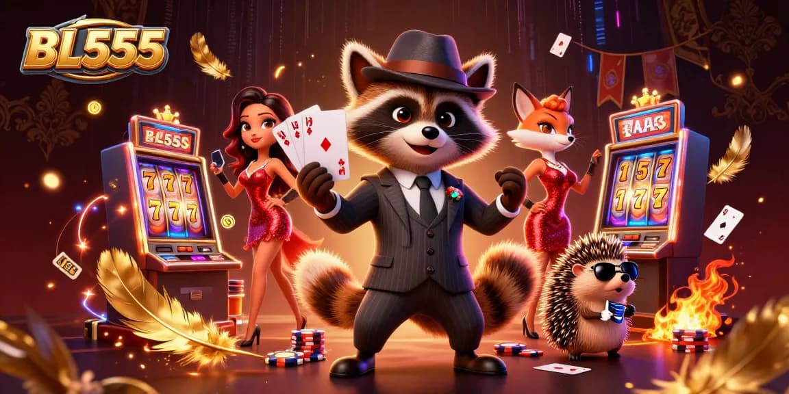 Experience thrilling gameplay at BL555 with an engaging illustration featuring a raccoon, fox, and hedgehog.