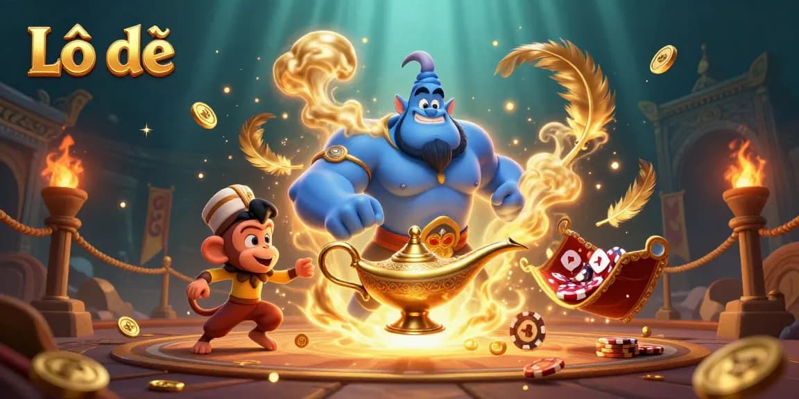 Engage in Lô đề gaming with a vibrant 3D illustration featuring a genie, monkey, and poker chips.